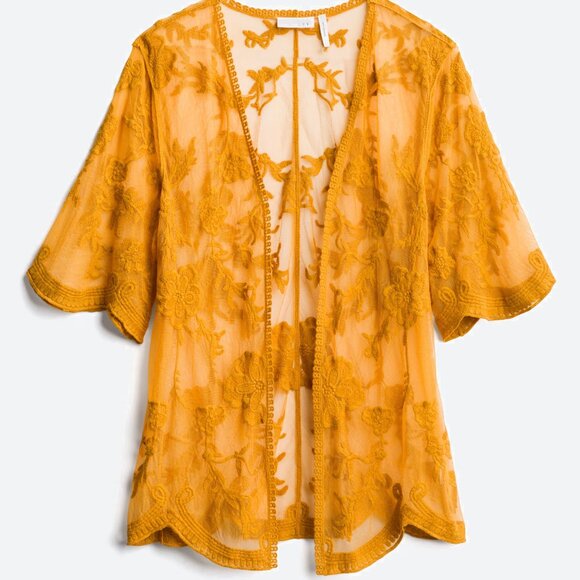 LUQ Jackets & Blazers - LUQ Ashli Mustard Lace Kimono Boho Open Front NWT Chic